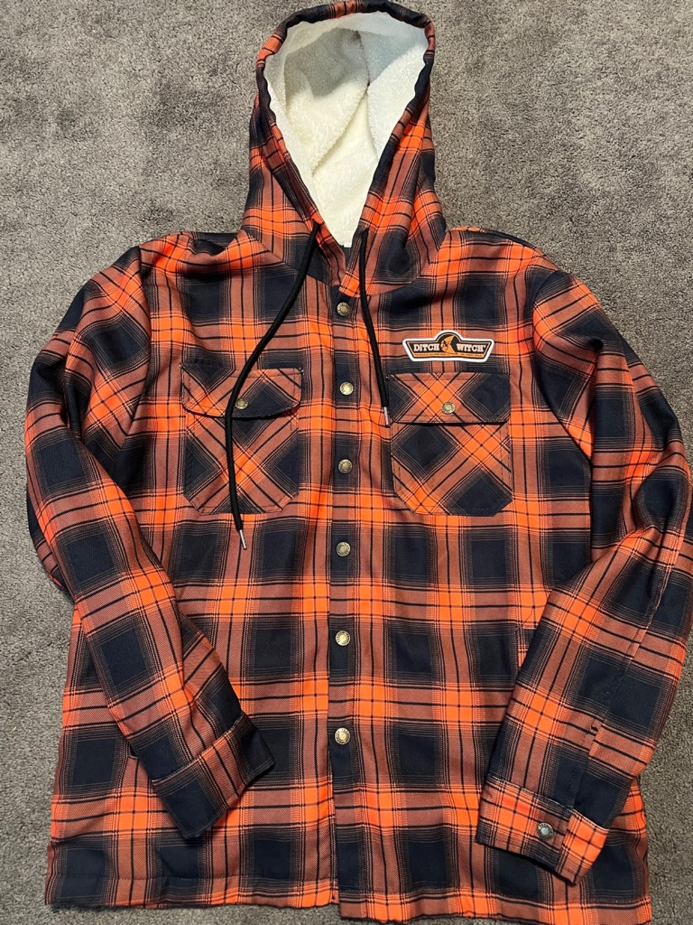 Orange & Black Plaid Hooded Flannel Jacket - Ditch Witch Patch